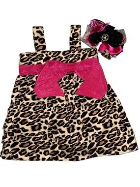 Vintage Couture Leopard Print Girls Dress Pink Bow Size 2T Boutique Outfit Bow